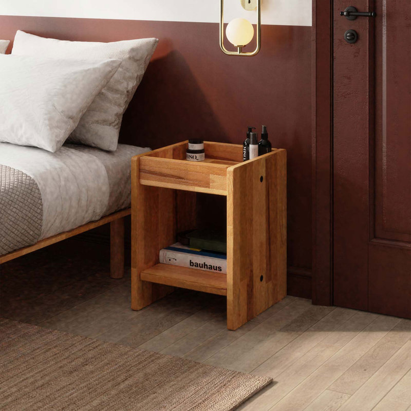 Compton Nightstand, Solid Beech Wood Bedside 14" Table with 2 Shelves for Bedroom