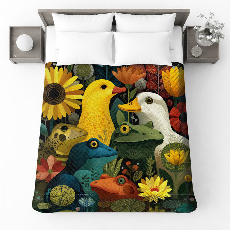 Grenouille, canards, fleurs, literie, animaux, couvre-lit, nature, Grand lit