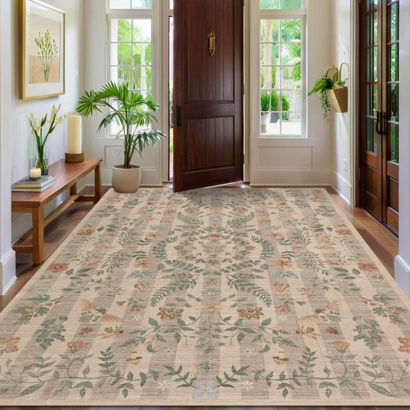 Washable Area Rug Boho Non-Slip Insect Botanical Carpet for Living Room, Bedroom, Dining Room, Playroom, Office – Indoor Throw Rug, Farmhouse Home Decor, Under Table Brown 5*7