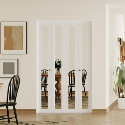 Porte de placard pliante flexible avec cadre de porte en bois massif, porte pliante en miroir blanche à 4 panneaux avec système d'ouverture double rabattable et système à double rail