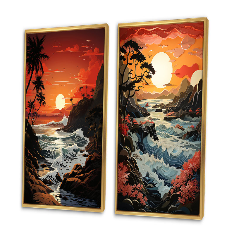 «Beach Crimson Sunset Papercut», 2 pièces, Encadrement doré, H 40 po x l 40 po