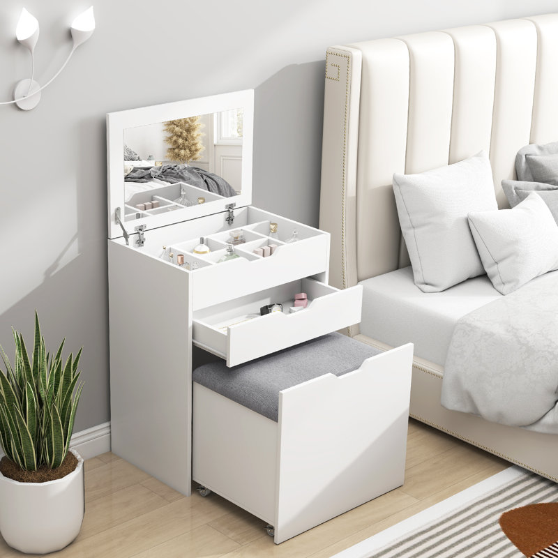 Vasta Dressing Table with Mirror and Stool, Vanity Table with Storage, White
