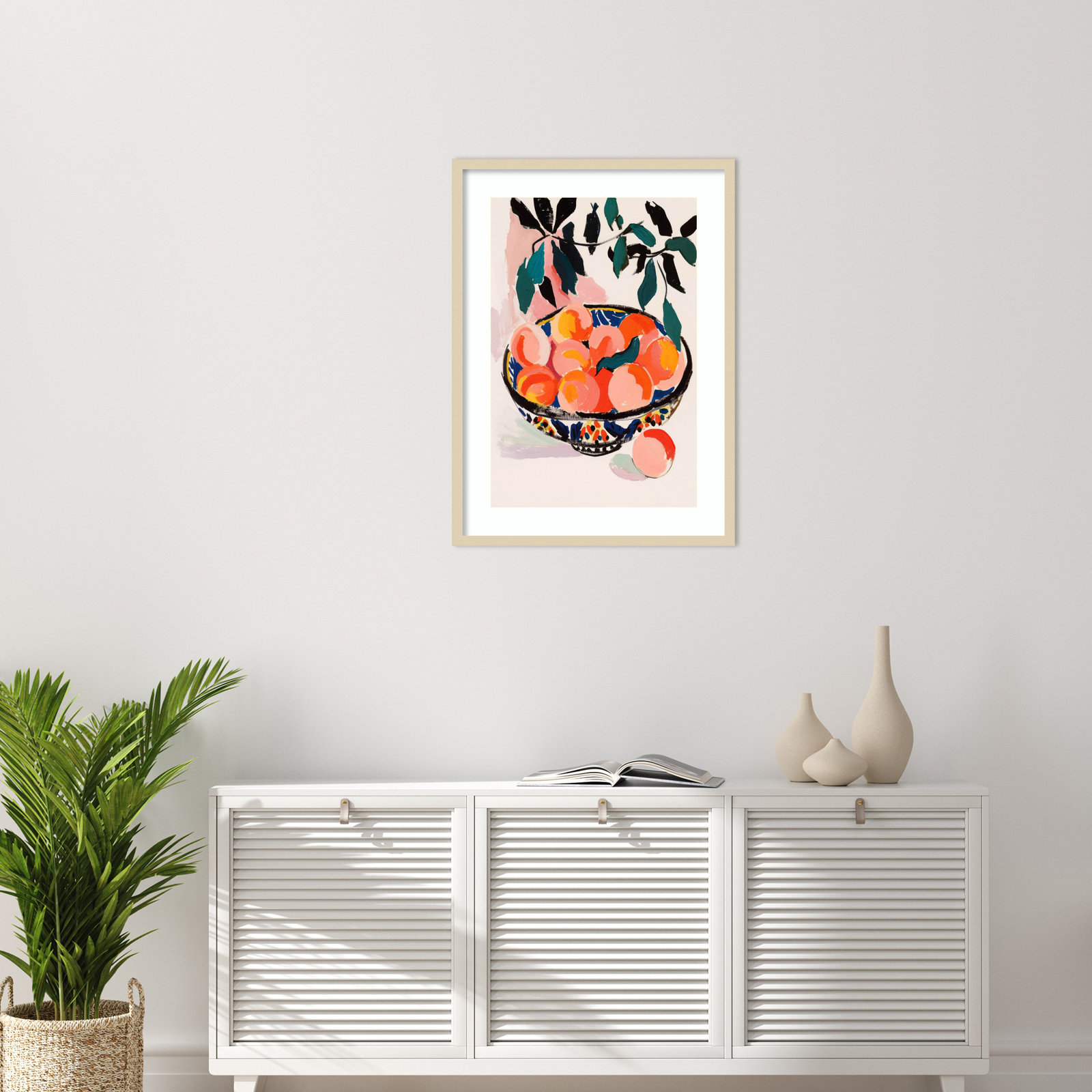 Fresh Peach Fruit Bowl by Treechild Wood Framed Wall Art Print, Brown Framed, 33" H x 24" W