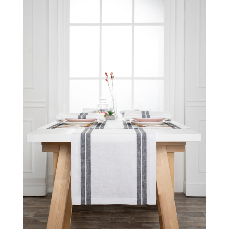 Chemin de table en lin D'Moksha Homes, L 72 po x l 14 po, White/Black