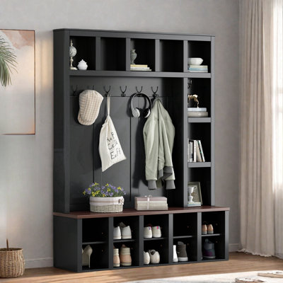 Farmhouse Wooden Hall Tree With Coat Rack, Sitting Bench, Display Shelves And 13 Cubbies