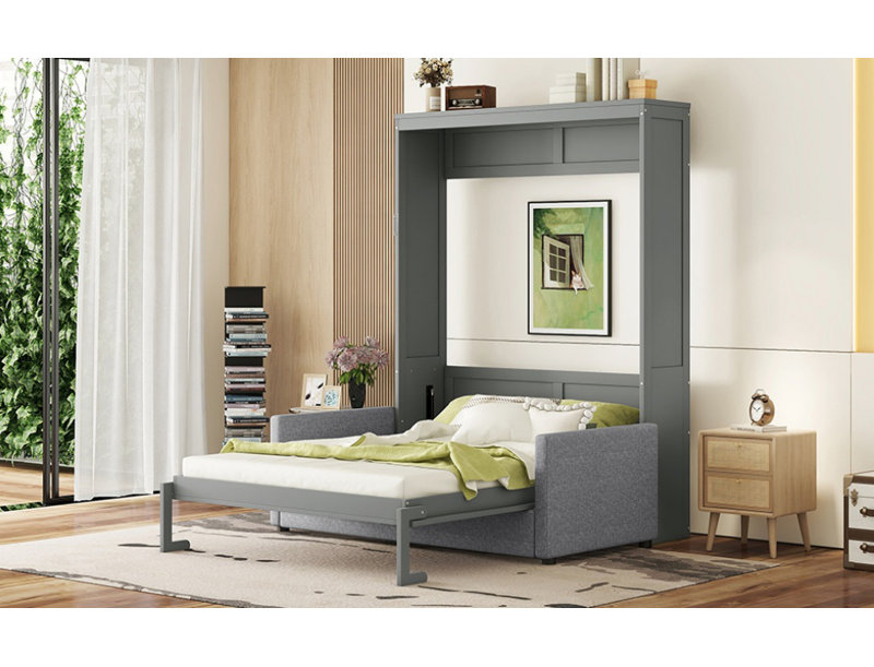 Grand lit escamotable mural avec coussin, grand, Gris