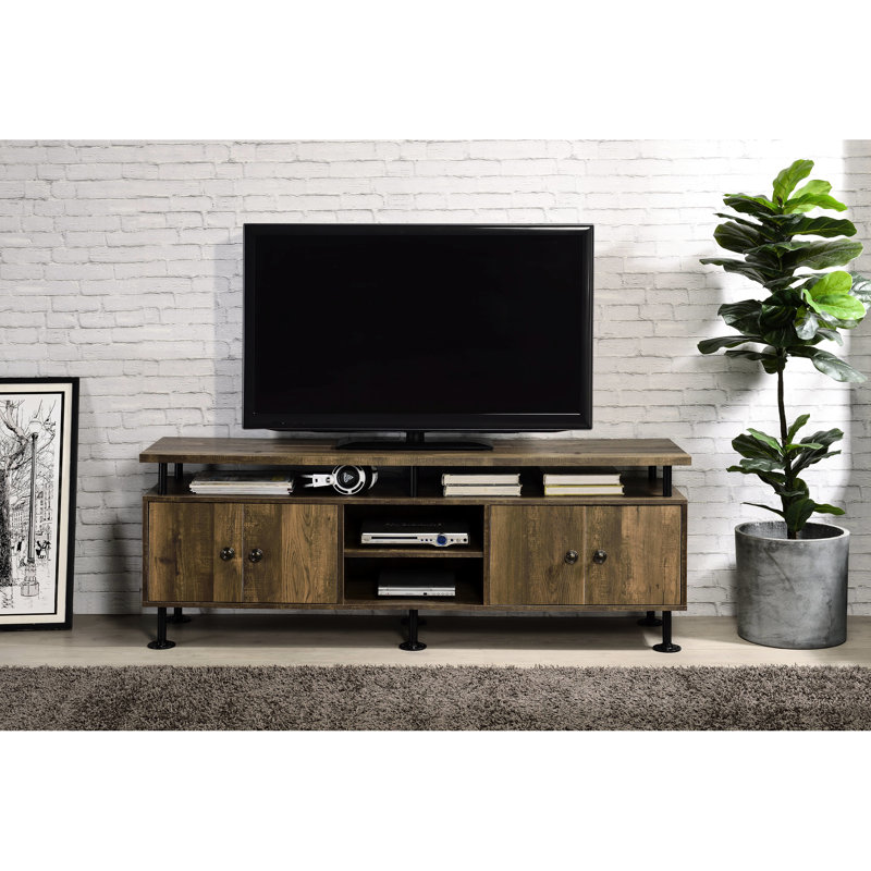 Meuble télé rustique en chêne rustique et noir avec 4 compartiments de rangement ouverts pour porte de téléviseurs de 50 à 59 pouces, cadre, rangement à écran plat