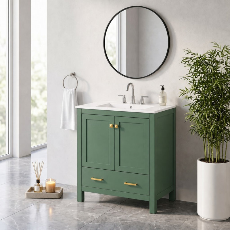 Armoire de salle de bain autoportante verte avec plateau en céramique, organisateur de porte et tiroir de séparation, Vert