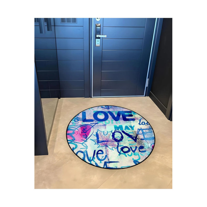 Pink Heart Patterned Woven Base Decorative Carpet With Love Written In Blue And Purple Tones, Round 2'8"