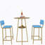Ensemble de table et chaises de bar, ensemble de trois pièces, structure dorée, coussins et dossiers de siège en éponge, table de bar avec fonction de rangement (plateau de table doré + brun + coussin bleu)