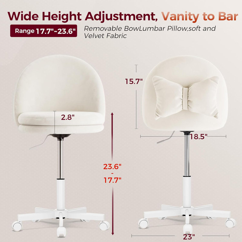 Velvet Tall Office Chair With Wheels Vanity Chairs With Back, Versatile Height Use: Office To Bar Stools Small Ergonomic Comfy Armlees Computer Desk Chair With Bow Lumbar Pillow For Gift