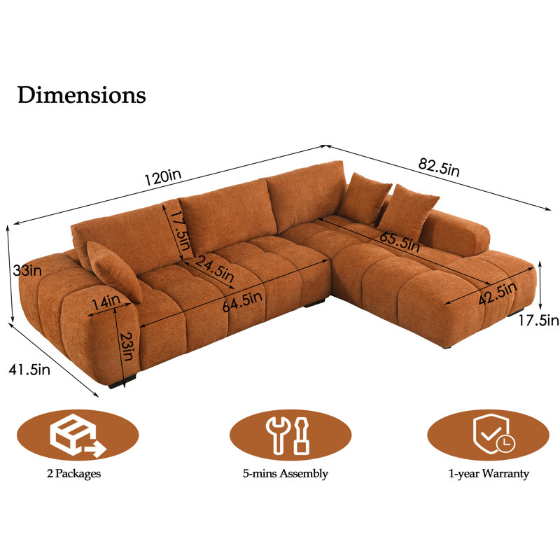 Canapé modulaire 120 po avec détails capitonnés, méridienne et accoudoirs larges 120 po, Orange, Orienté à droite