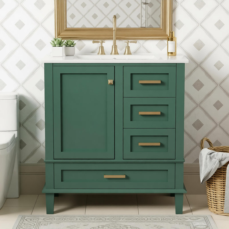 30" Modern Bathroom Cabinet with Sink Combo Set, Soft Closing Door and 3 Drawers, Green/Brushed Gold