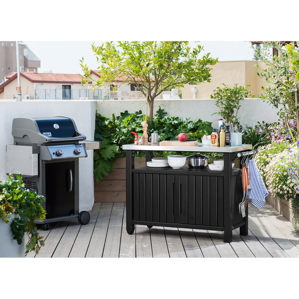 Multifunktionaler Keter Gartentisch für BBQ Unity XL Holzoptik