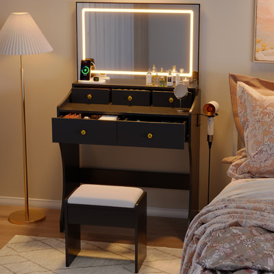 Coiffeuse à maquillage à DEL avec miroir et tabouret rembourré, prise de courant intégrée pour le bureau de la coiffeuse, support pour sèche-cheveux et 5 tiroirs de rangement, mobilier de rangement pour la chambre à coucher, finition noire