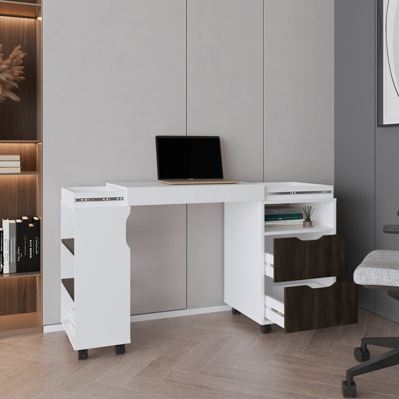 Bureau extensible à deux tiroirs de 54 po avec sept tablettes et roulettes (bureau) San Diego