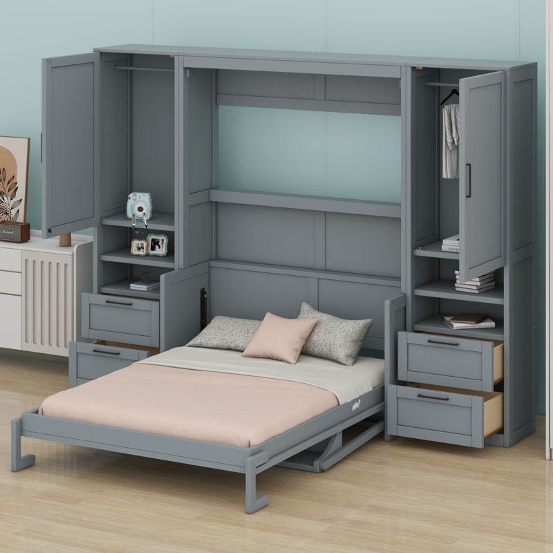 Lit escamotable Murphy avec placard, tiroirs et tablettes, Gris, Double
