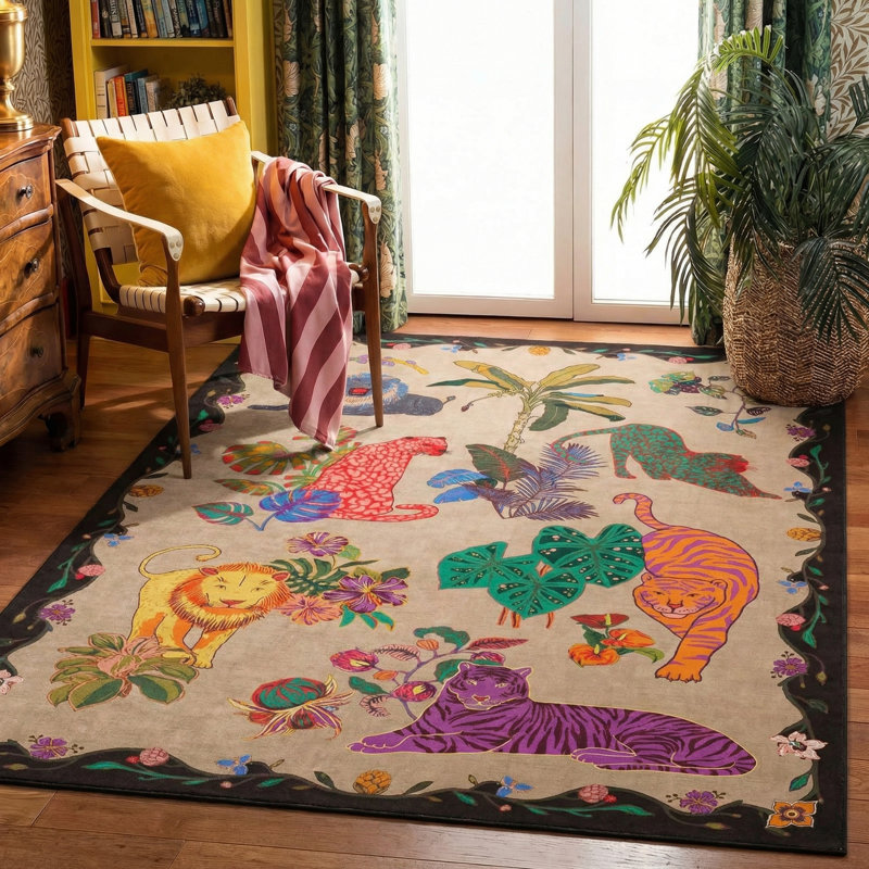 Oriental Animal Print with Tropical Botanical Floral Machine Washable Area Rug, Rectangle 6' x 9', Taupe and Black