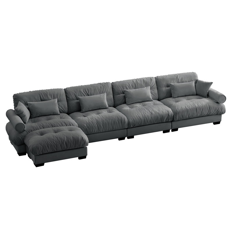 Canapé modulaire convertible 4 places rembourré en velours avec coussins lombaires, coussins décoratifs et accoudoirs rembourrés