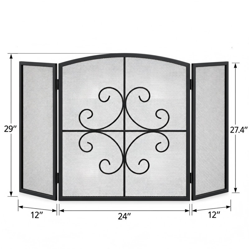 Pare-feu en fer forgé à 3 panneaux de 122 cm (48 po) avec volutes et treillis métallique.