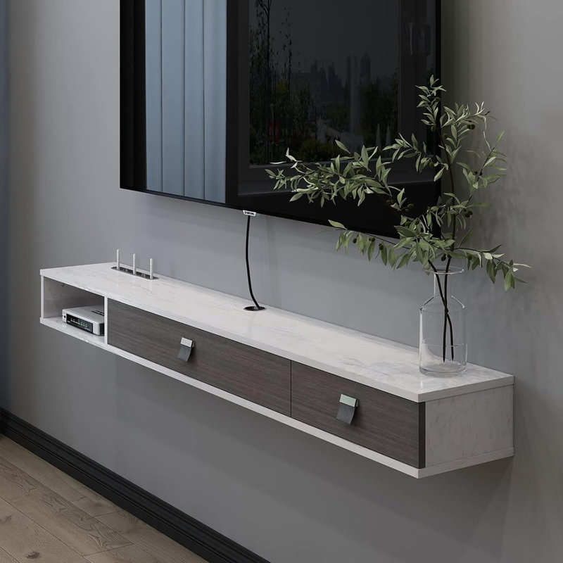 Meuble télé flottant mural avec 2 portes, meuble audio-vidéo compact et minimaliste avec gestion des câbles
