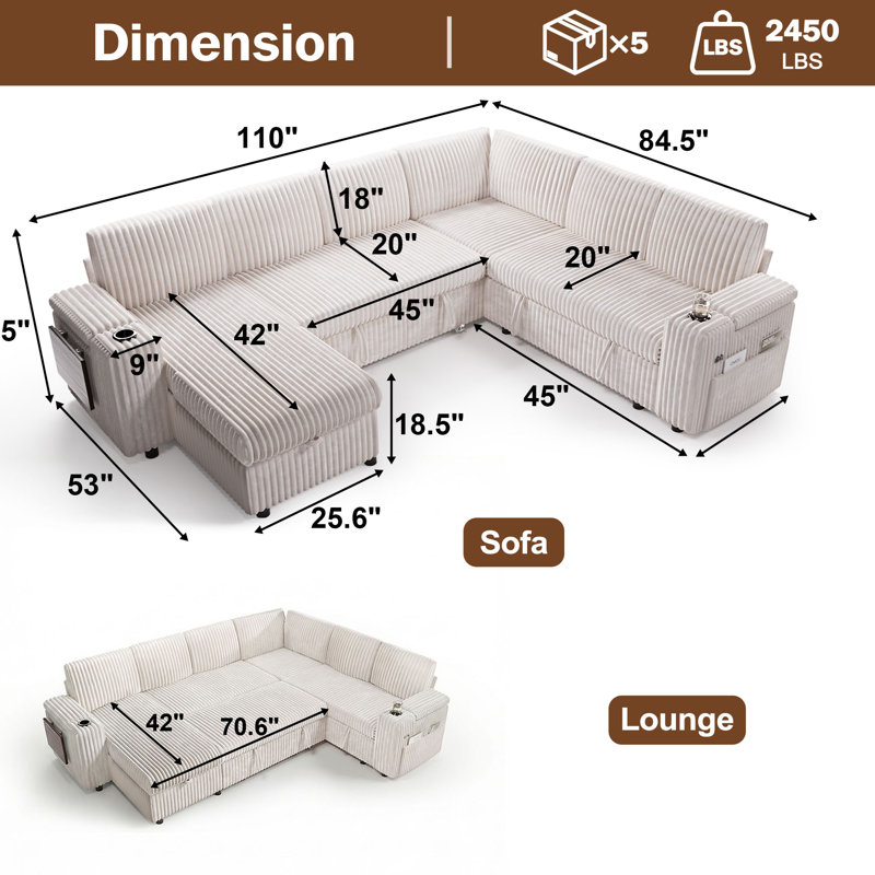110" Modular Sectional Pull-Out Sofa With Side Table, Cupholders, Charging Ports, Beige