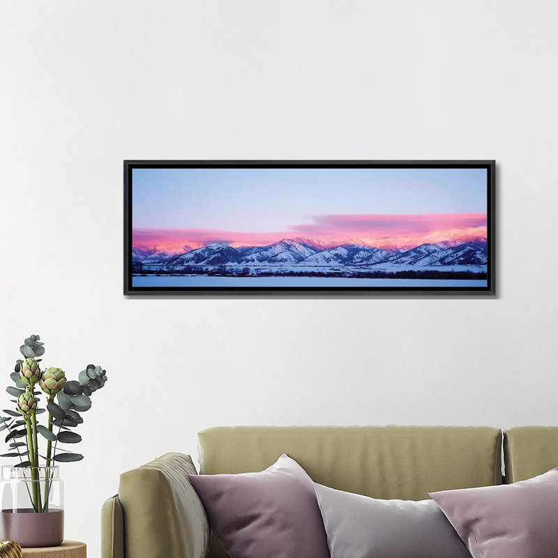Reproduction de photo sur toile, "Bridger Mountains, Sunset, Bozeman", Toile avec cadre noir patiné