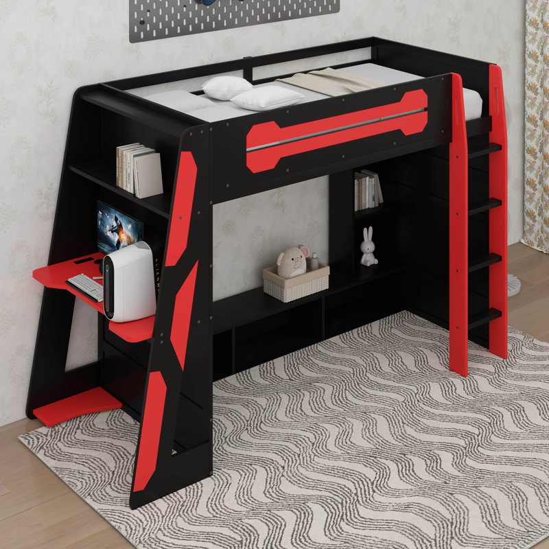 Lit mezzanine simple en bois avec bureau, tablettes multiples et lumière RVB, Rouge