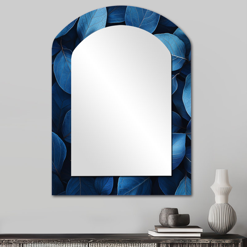 Midnight Blue Leaves Tranquility II - Leaves Arch Decorative Mirror, Traditional Asymmetrical Wall Mirror, Printed Metal Art