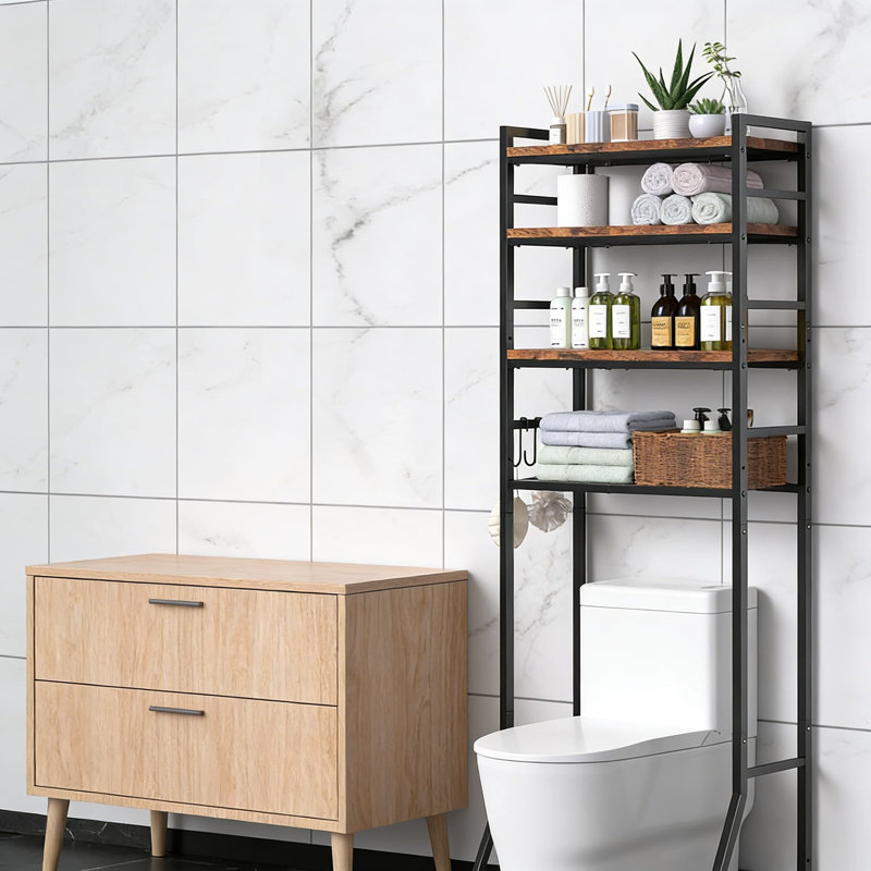 Support de rangement au-dessus de la toilette avec tablettes réglables en bois, armoire de rangement autoportante pour salle de bain, installation sans perceuse pour la location et la maison