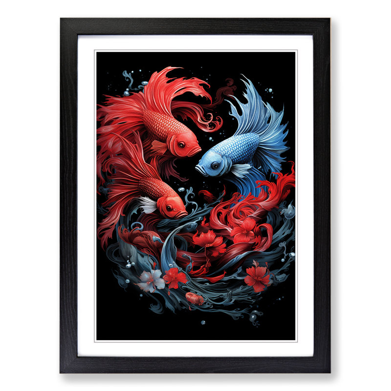 Siamese Fighting Fish Gothic No.2 - Single Picture Frame Print on Wood, 64cm H x 46cm W x 2cm D, Black