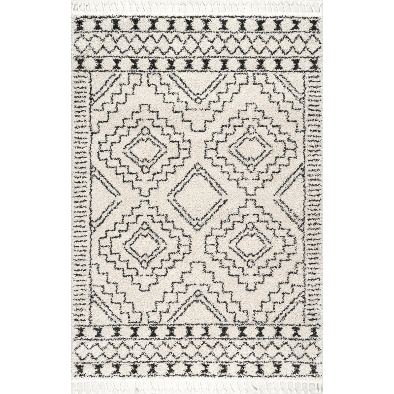 Adry Moroccan Shag Tasseled Cream/Charcoal Area Rug, Rectangle 3' x 5'
