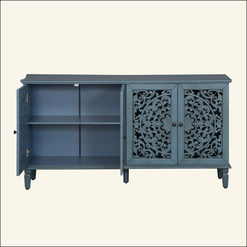 Antique Floral Carved Buffet Cabinet & TV Stand for TVs Up to 65", Solid Wood Legs Sideboard with Antique Brass Handles & Adjustable Shelves for Living Room & Dining Room