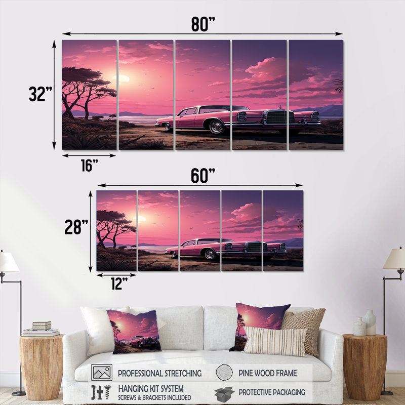 Ensemble d'art mural 5 pièces "Cadilla rose sur la plage au coucher du soleil II", H 28 po x l 60 po