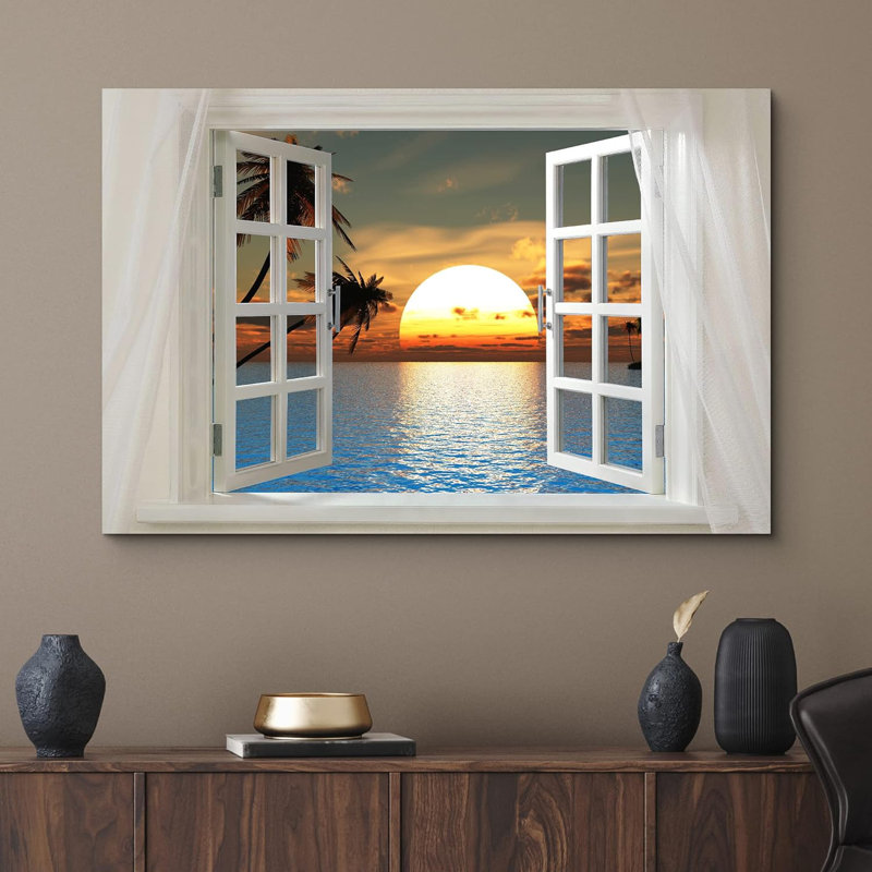 «Glimpse Into Palm Trees And Sunset At Sunset Time Open Window» sur toile, H 24 po x l 36 po