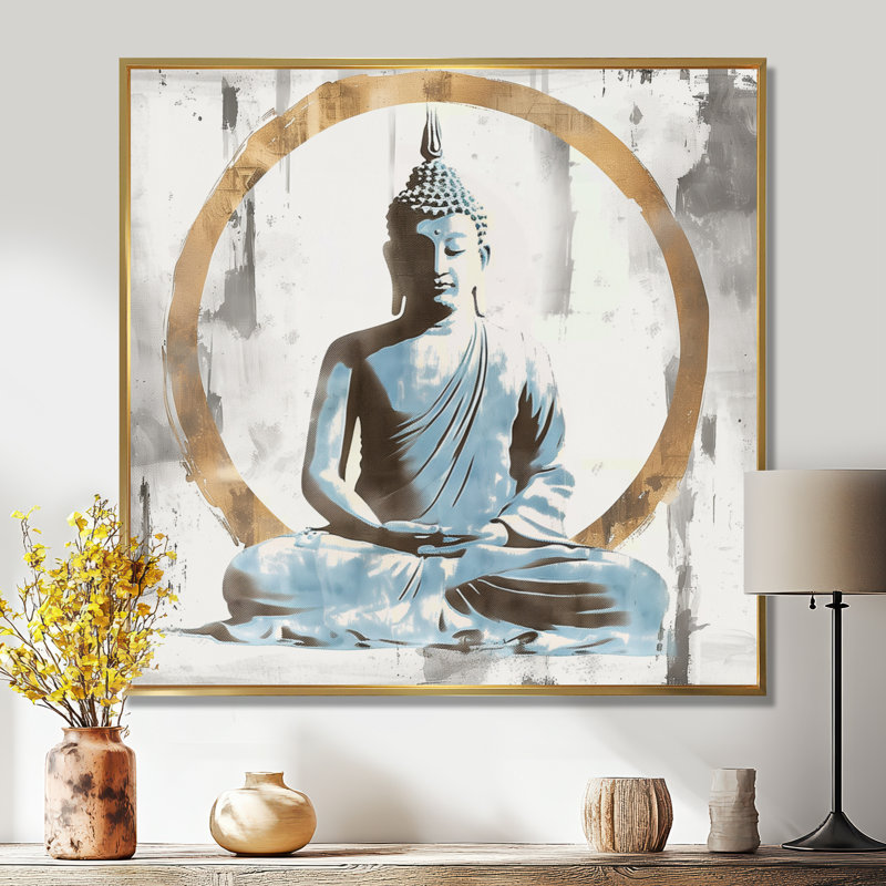Bouddha doré gris et doré, réflexion V, Cadre flottant doré, H 30 po x l 30 po x P 1 po