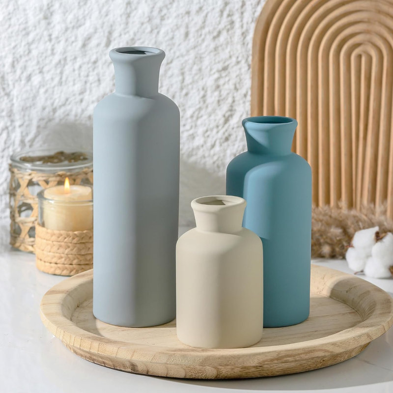 Ceramic Vase Set Of 3, Rustic Farmhouse Decor Vases For Fresh Or Dried Flowers, Terra Cotta Pottery Vases For Living Room, Kitchen, Bedroom, Bathroom