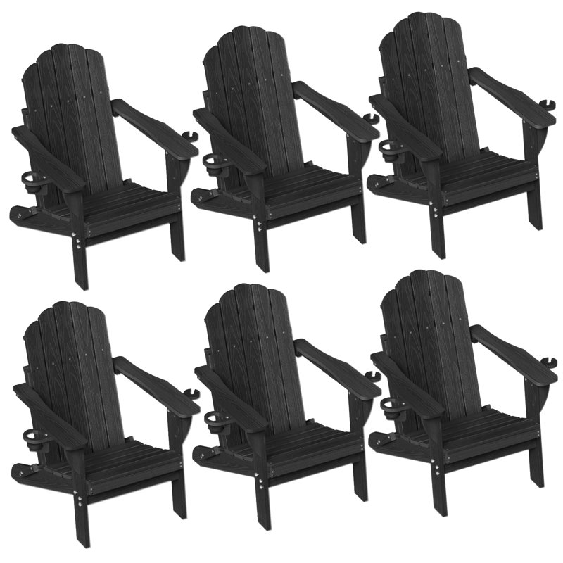 HDPE Adirondack Foldable Chair Wood Texture With Cup Holder(Set Of 6), Black