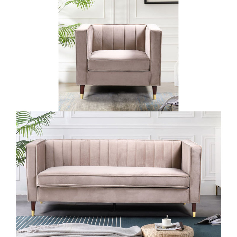Ensemble de salon en velours Louis, 3 pièces 1 canapé 1 causeuse 1 fauteuil, Beige