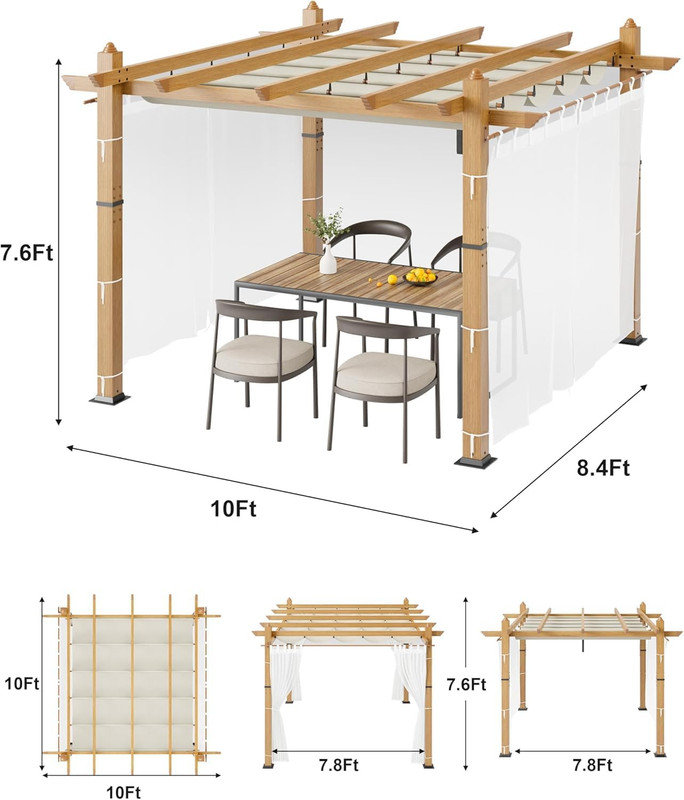 Pergola d'extérieur moderne en aluminium de 10 x 10 pi avec auvent rétractable, motif de faux grain de bois et panneaux latéraux en filet