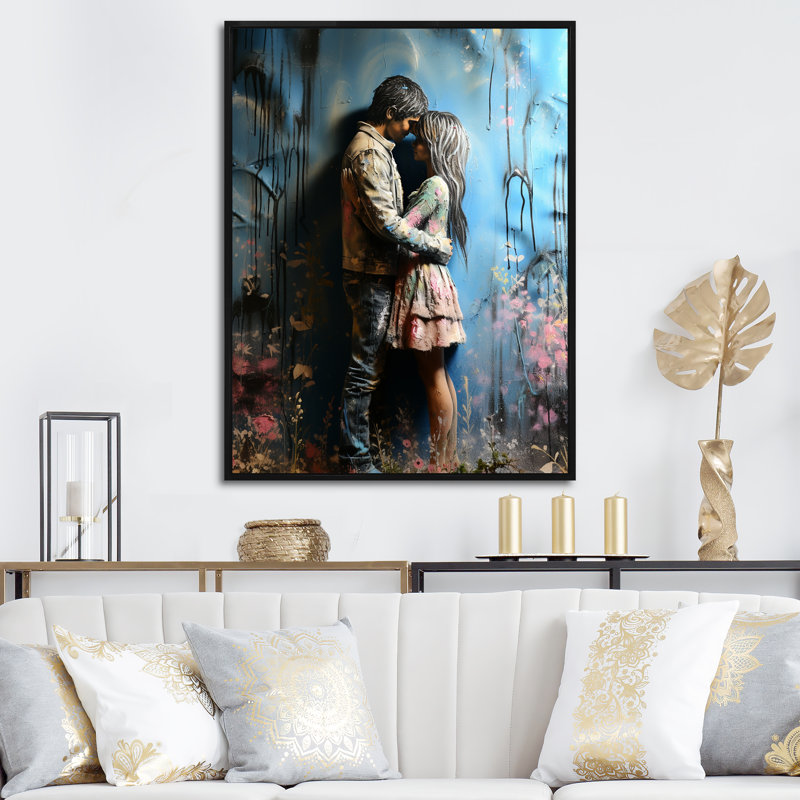 «Street Art Romantic Couple», Cadre flottant noir, H 44 po x l 34 po x P 1,5 po
