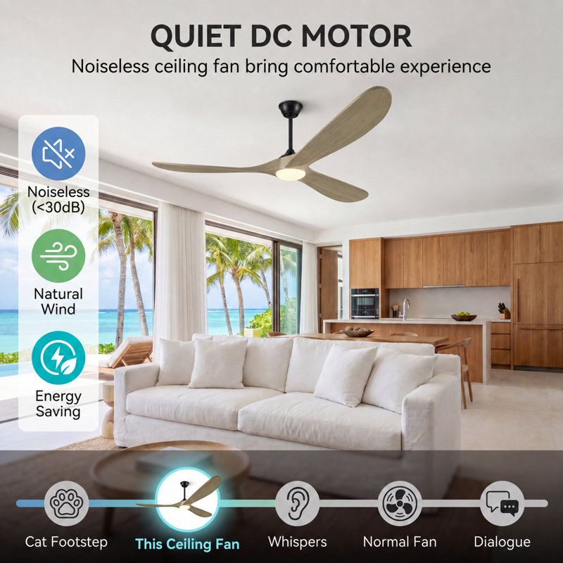3-Blade Modern Classic Ceiling Fan with Remote Control & LED Light Kit Included, 52" Wide, Light Walnut