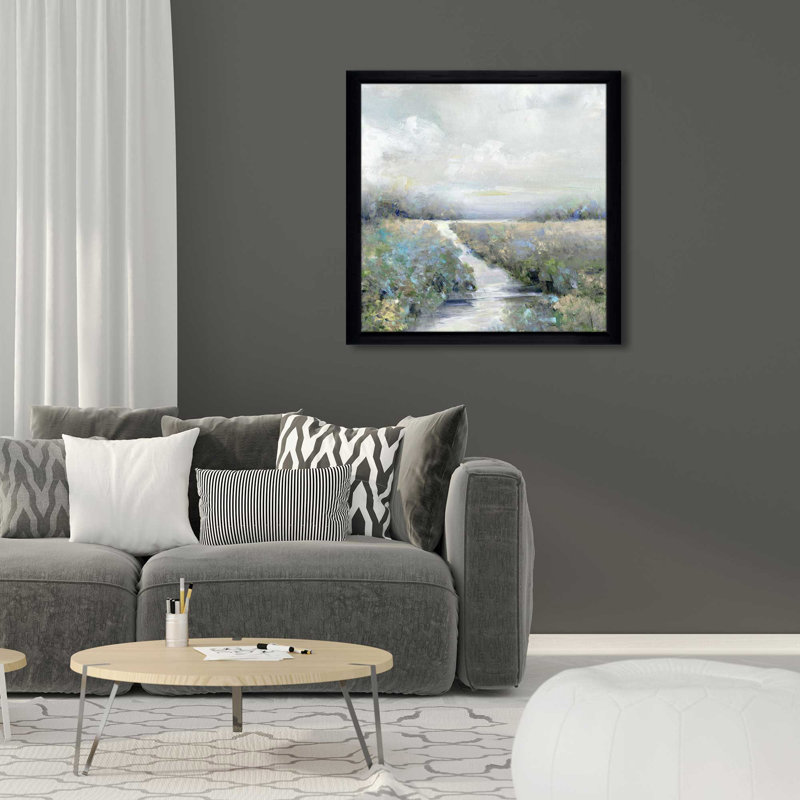 Péninsule par Sally Swatland - Peinture, L 25,5 po x H 25,5 po, Cadre noir