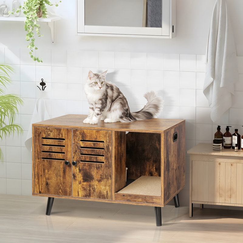Litière cachée pour chat avec 2 tapis, Brun rustique