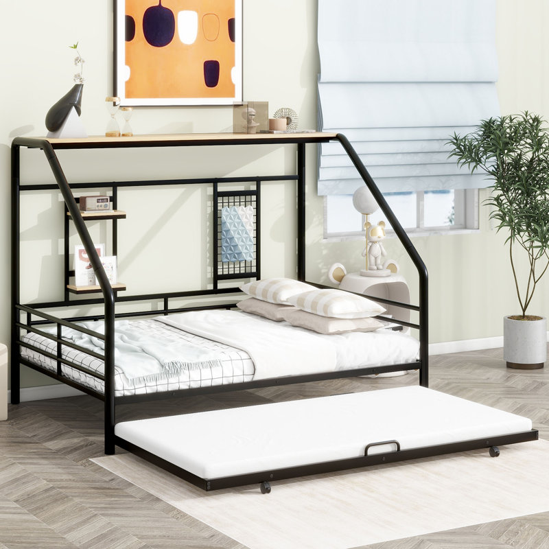 Daybed With Trundle And Shelves, Black, Full / Double