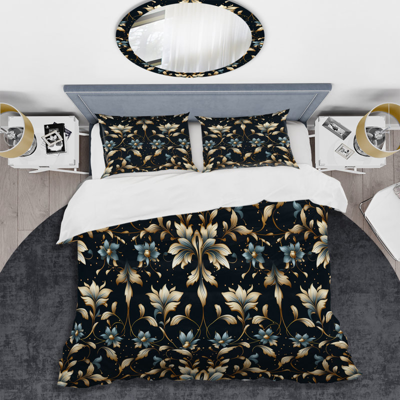 Ensemble de housse de couette bleu et doré, Housse de couette simple + 1 taie décorative stan