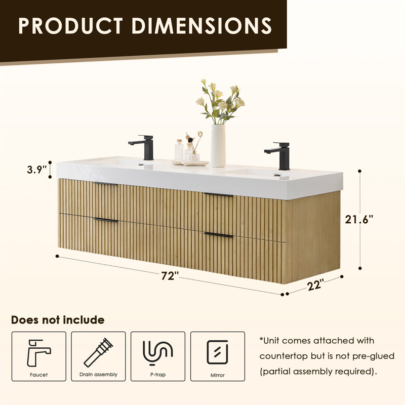 Livia 72" Wall-mounted Double Bathroom Vanity with White Artificial Drop-in Sink without Mirror