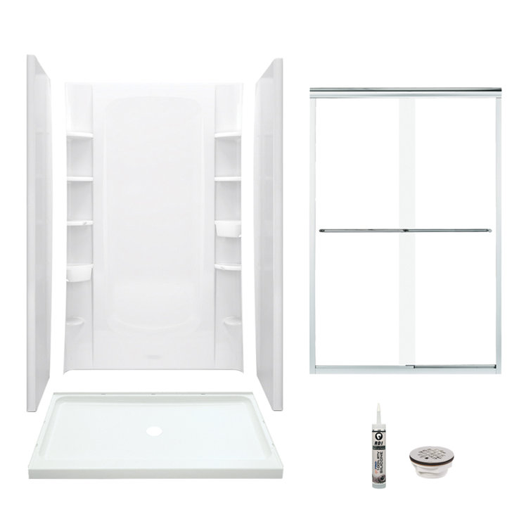 48" W x 75.75" H Frameless Rectangle Sliding Shower Kit with Towel Bar and Base Included