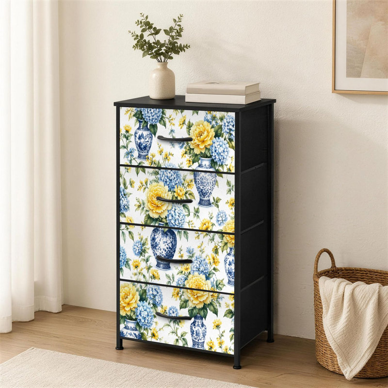 Commode 4 tiroirs pour chambre à coucher Vase floral jaune et bleu Hortensias pivoines
