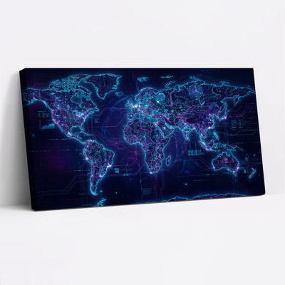 Neon World Map Digital Circuit Design Canvas Wrapped Wall Art Oil Painting Print Set Of 1